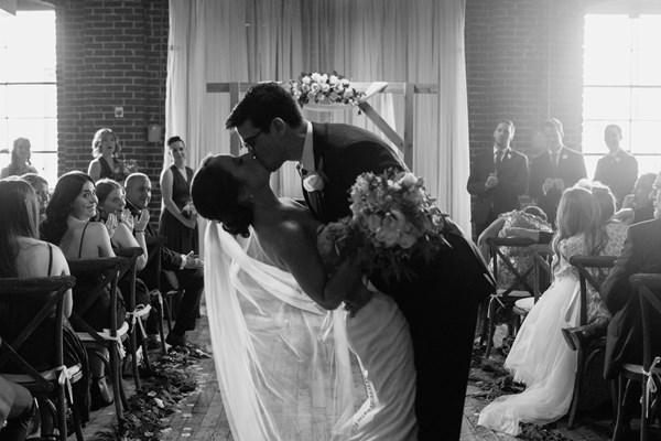 Wedding First Kiss at The Heirloom Event Center in Indianapolis